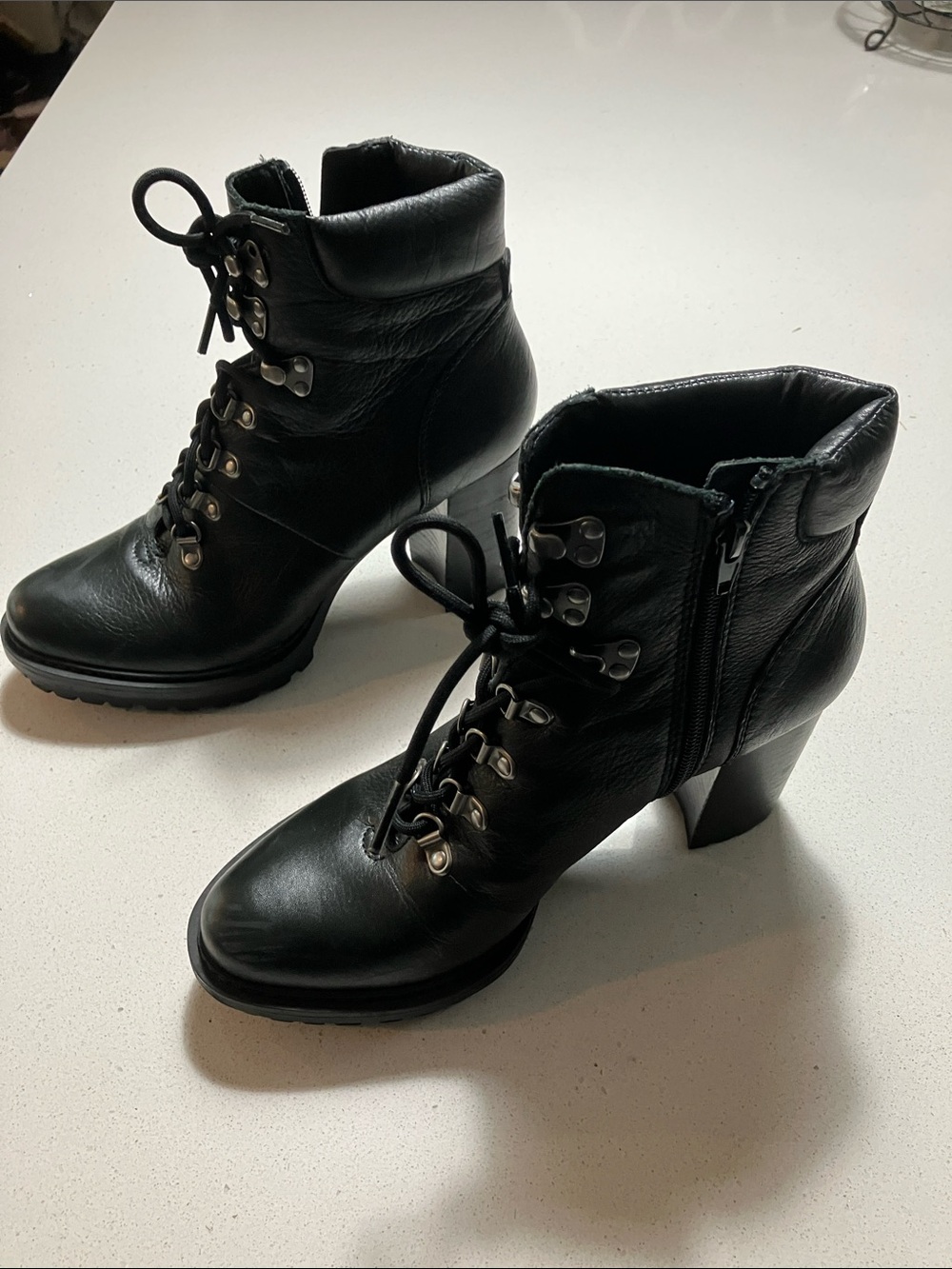 Lucky Brand Black Lace-Up Leather Heel Ankle Boots